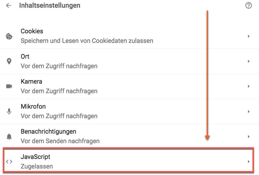 Google Chrome Einstellunh´gen, um JavaScript zuzulassen - Google Analytics wird unterdrückt