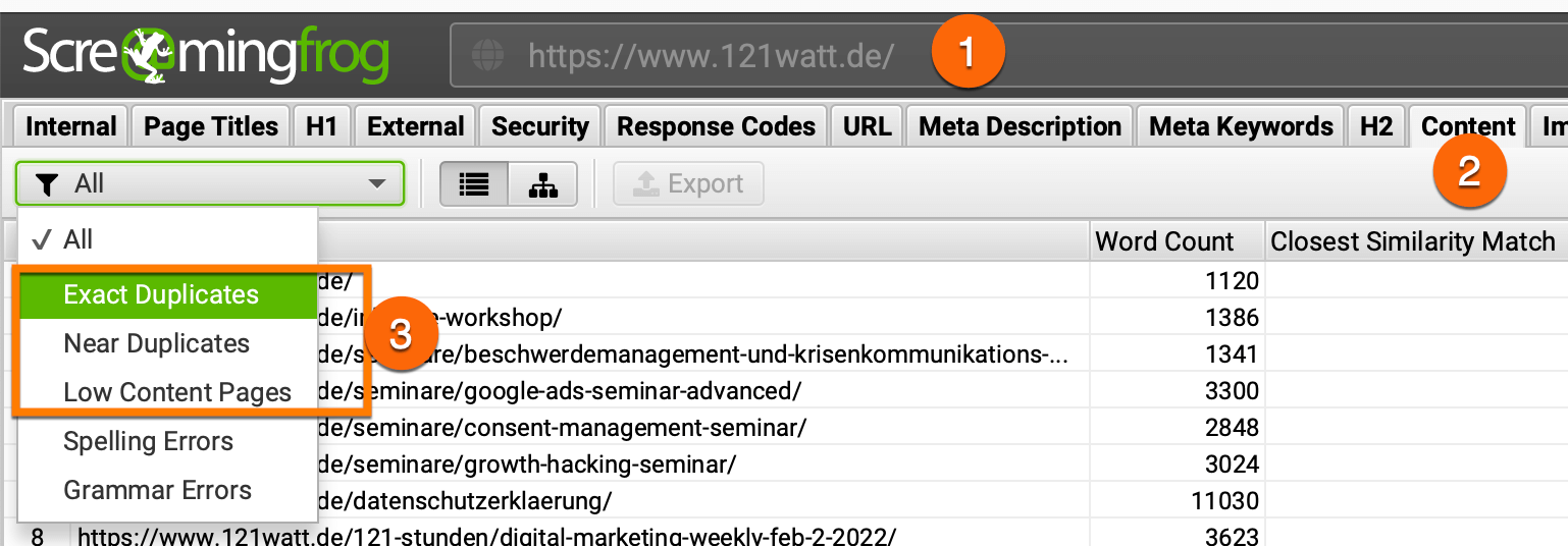 Mit dem ScreamingFrog Low Quality Pages analysieren