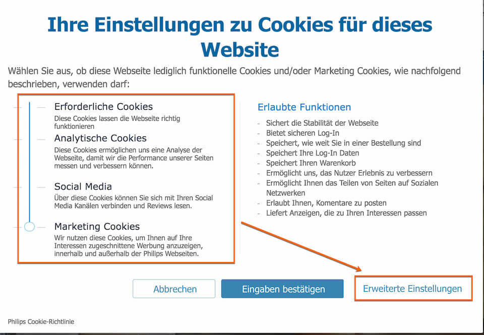 Datenschutz im Online Marketing DSGVO Cookie Zustimmung durch den Nutzer. Ein Beispiel für die Umsetzung bei Phillips