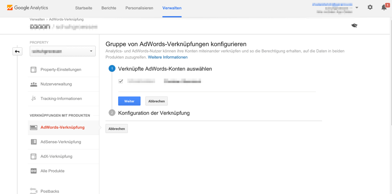 Abbildung 8: Nun wird das zu verknüpfende AdWords-Konto ausgewählt.
