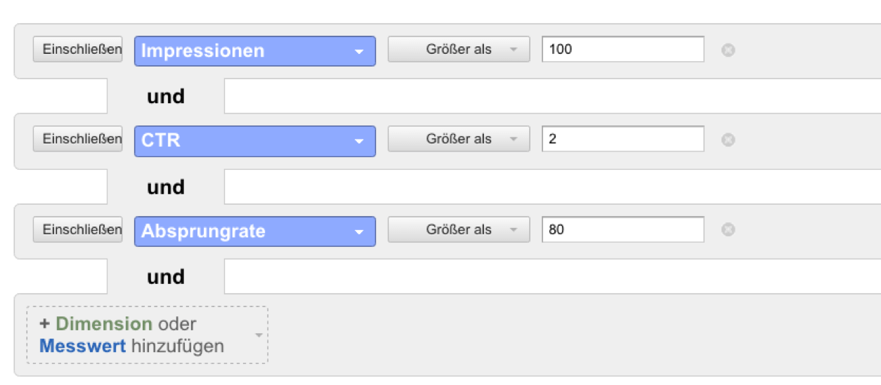 Abbildung 13: Dieser Filter hilft bei der Identifikation der Suchbegriffe, über die Nutzer kamen, die letztlich nicht fanden, was sie suchten.