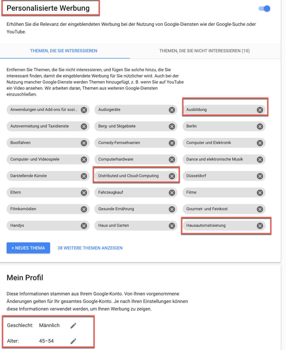 Google Anzeigenvorgaben zur Überprüfung der durch Google gespeicherten Daten