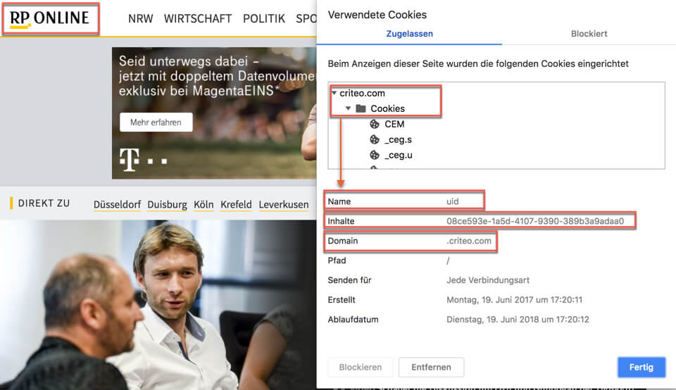 Cross Site Tracking Cookie von Criteo auf der rp-online.de