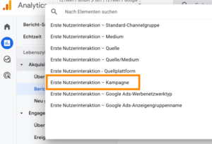 UTM-Parameter mit GA4 analysieren - Erste Nutzerinteraktion - Auswahl