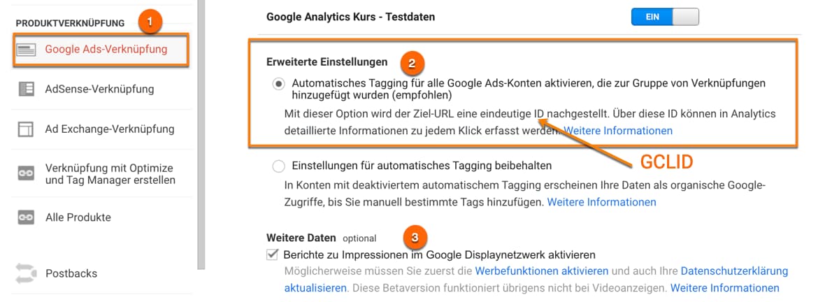 Automatische Tag-Kennzeichnung auf Property-Ebene in der Google Analytics-Verknüpfung aktivieren