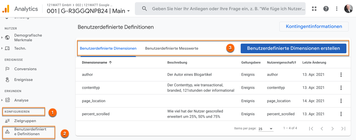 Benutzerdefinierte Definition in Google Analytics 4 (GA4) registrieren