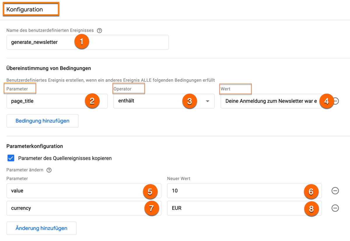 So sieht die Parameterkonfiguration eines benutzerdefinierten Ereignisses in Google Analytics (GA4) aus am Beispiel einer Newsletteranmeldung