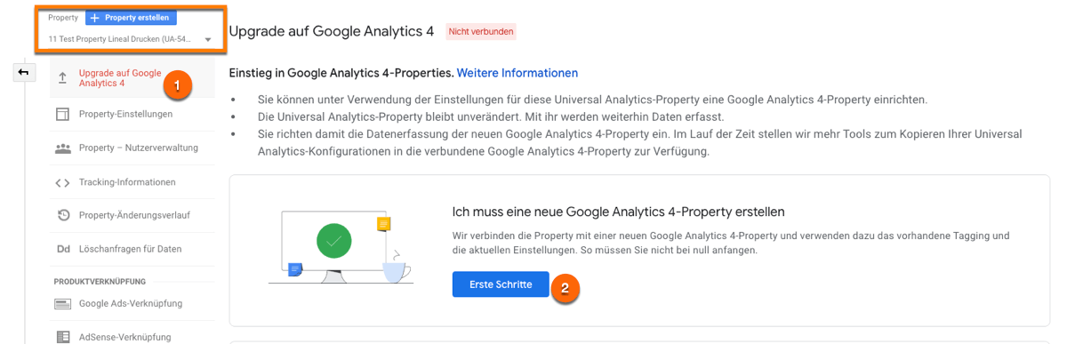 So sieht der Upgrade auf eine Google Analytics 4 Property aus