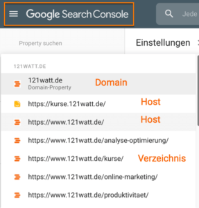 Google Search Console Properties zwischen Domain-Property, Hosts und Verzeichnissen