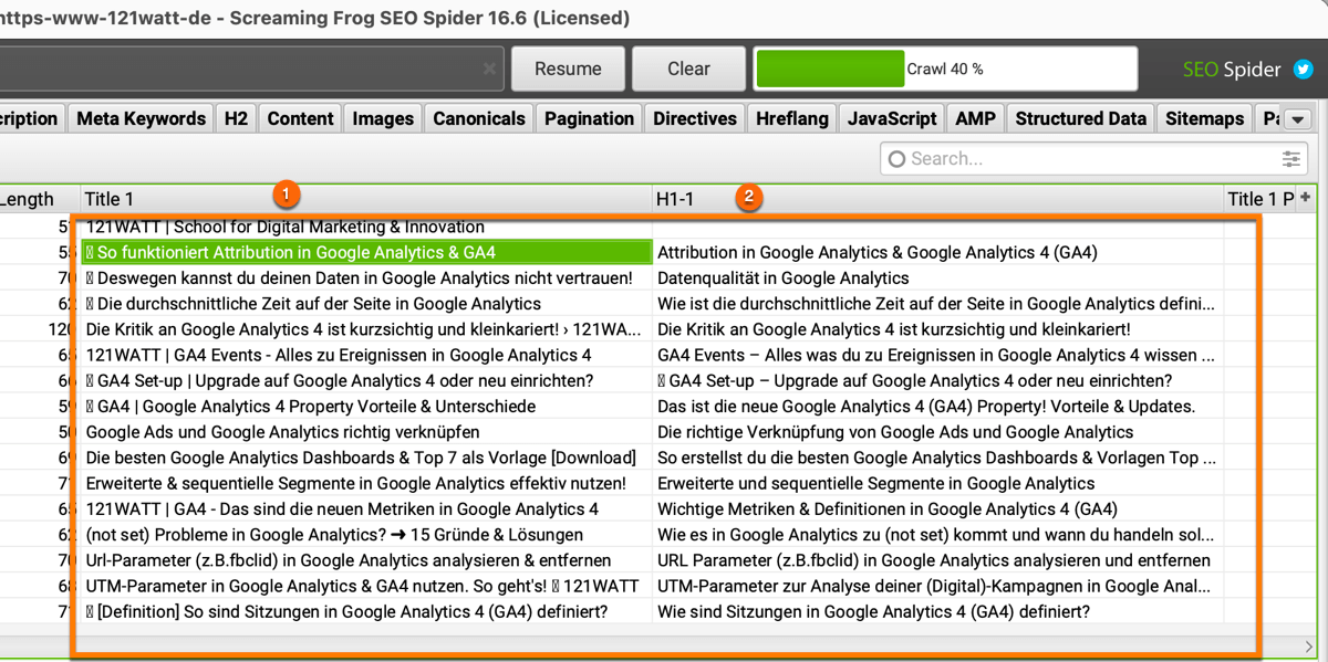 H1-Überschriften mit ScreamingFrog analysieren