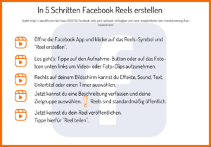 5 Schritte zum Facebook Reel: In der App auf "Reel erstellen" klicken, Video über den Aufnahme-Button aufnehmen, Effekte, Sounds oder Untertitel auswählen, Beschreibung verfassen und Zielgruppe auswählen, "Reel teilen"