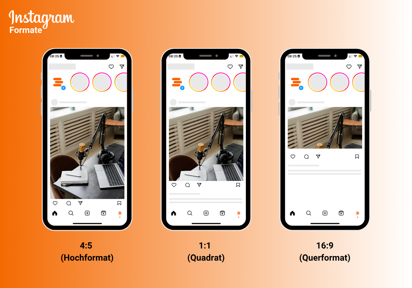 Für Bilder und Videos hast du bei Instagram drei verschiedene Formate zur Auswahl: Hochformat (4:5), Quadrat (1:1) und Querformat (16:9)