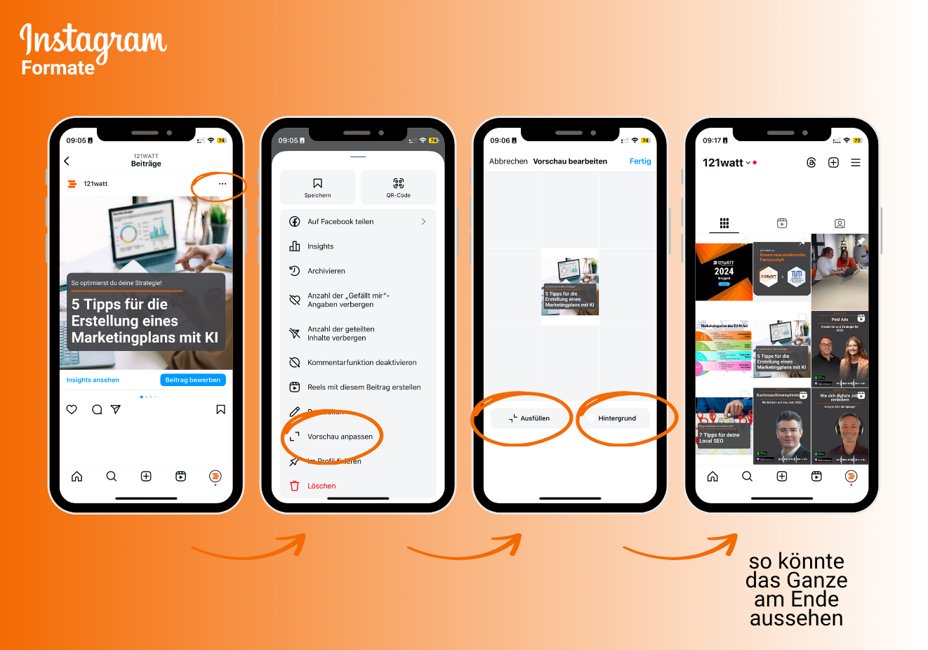 Willst du deinen Beitrag im Feed doch als Quadrat darstellen lassen? Klicke auf die drei Punkte, dann auf "Vorschau anpassen" und dann "Einpassen". Über und unter dem Bild entsteht ein leerer Raum, den du schwarz oder weiß füllen kannst.
