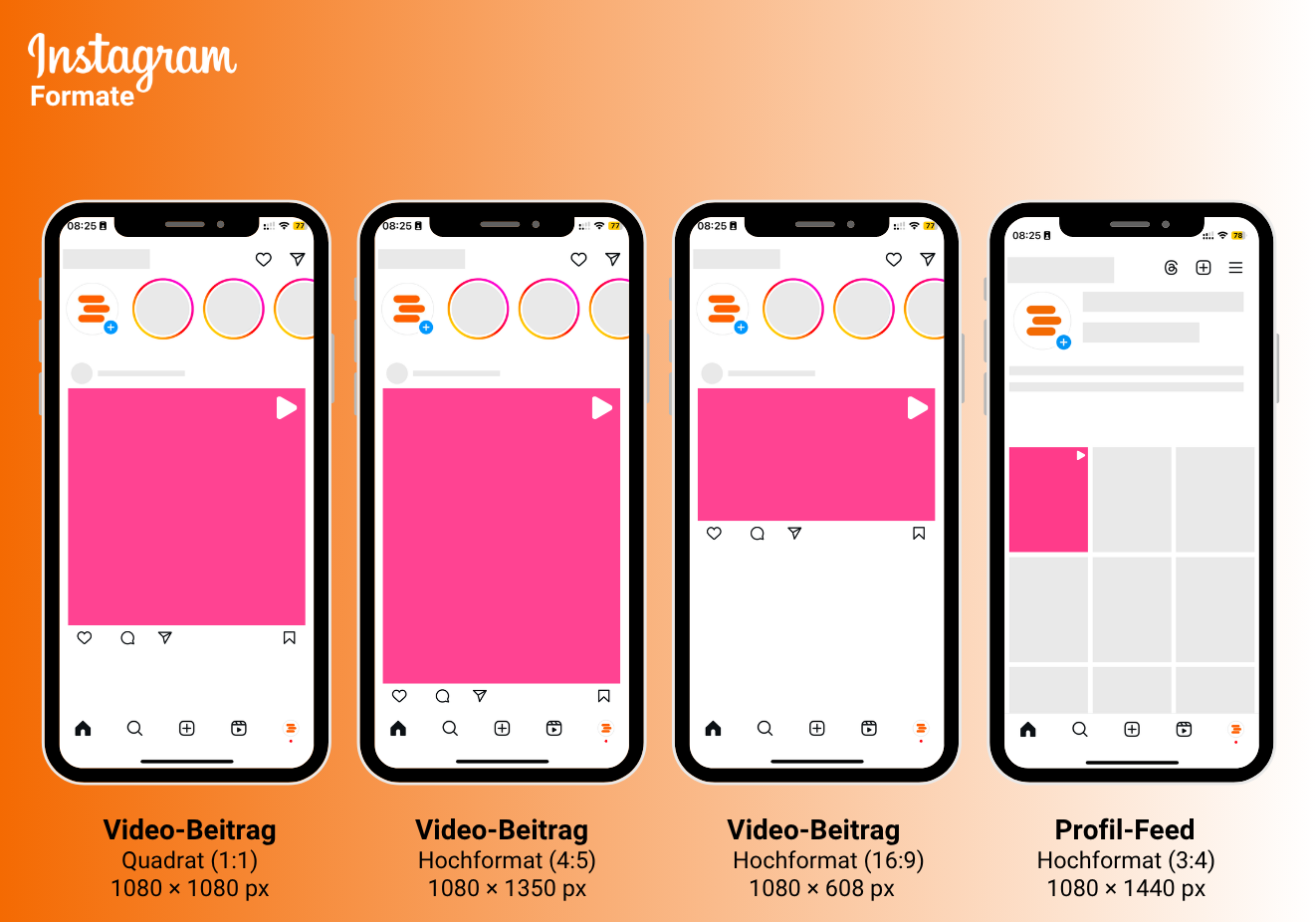 Lade IG-Video-Beiträge als Quadrat (1080 × 1080), Hochformat (1080 × 1350) oder Querformat (1080 × 608) hoch. Beachte, dass der Beitrag in deinem Profil-Raster im 3:4-Format angezeigt wird. Dabei werden Elemente abgeschnitten. 