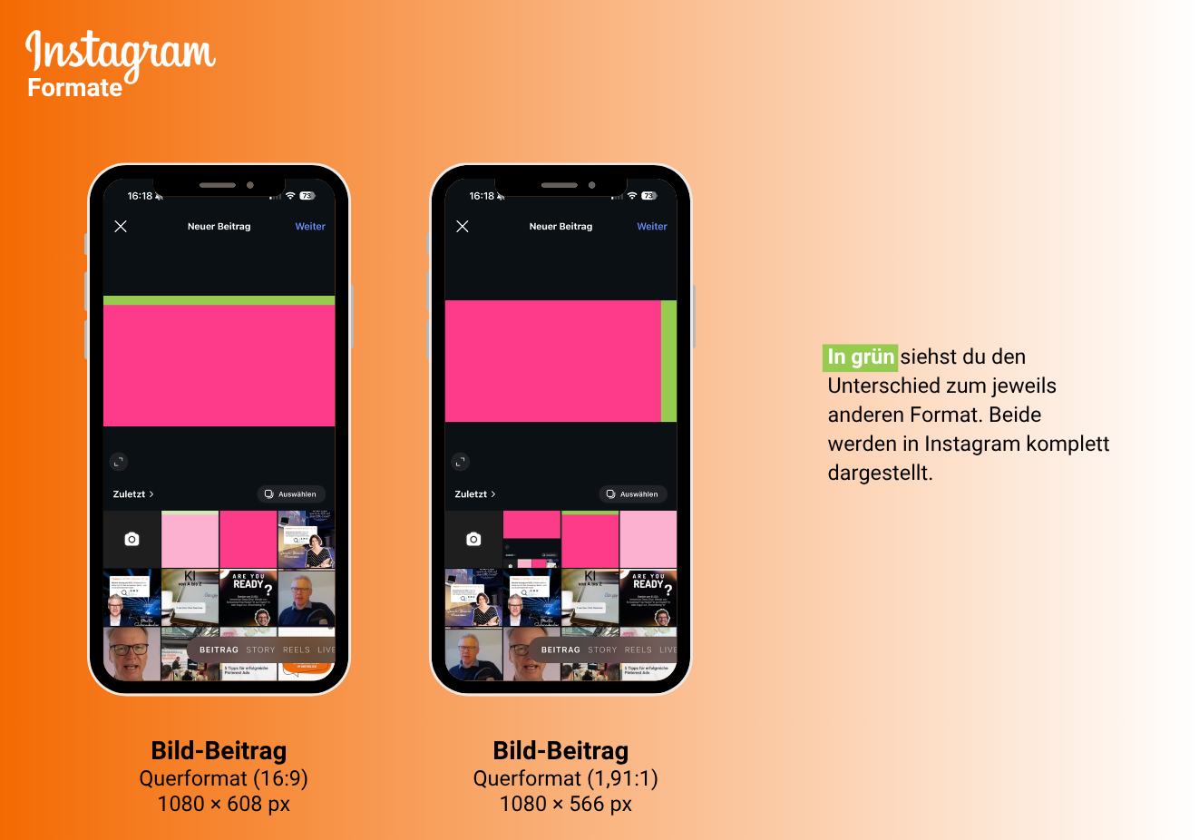 Ob du dein Querformat-Bild im Format 16:9 oder 1,91:1 hochlädst, spielt keine Rolle. Beide Formate werden komplett dargestellt. Es wird nichts abgeschnitten.