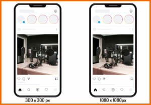 Hier siehst du den Unterschied eines Instagram-Beitrags mit der Auflösung 300 x 300 px vs. 1080 x 1080 px