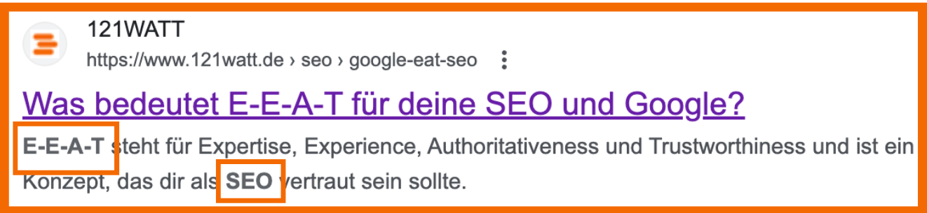 Hier siehst ein Beispiel, wie in deinem Snippet das gesuchte Keyword gefettet ist.