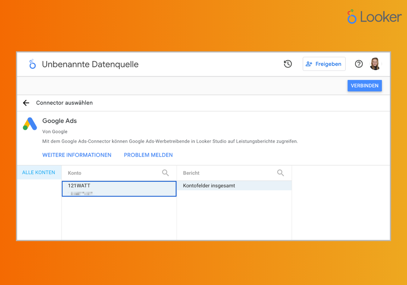Bei vielen Datenquellen kannst du aus verschiedenen Konten wählen.