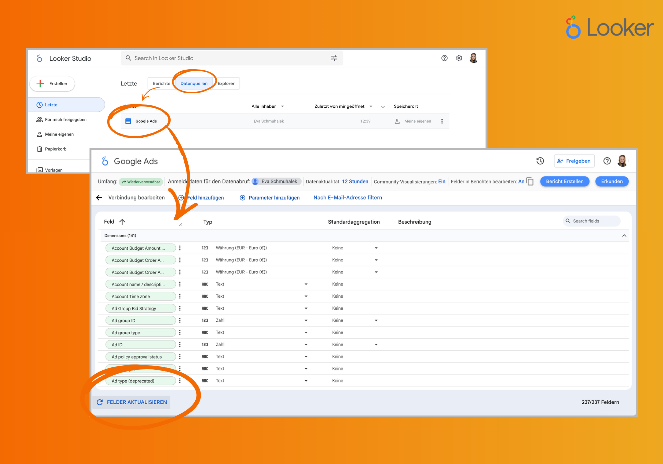 Aktualisiere von Zeit zu Zeit die Datenquellen in deine Dashboards. Wähle dazu im Dashboard die Quelle aus und klicke unten links auf "Felder aktualisieren"