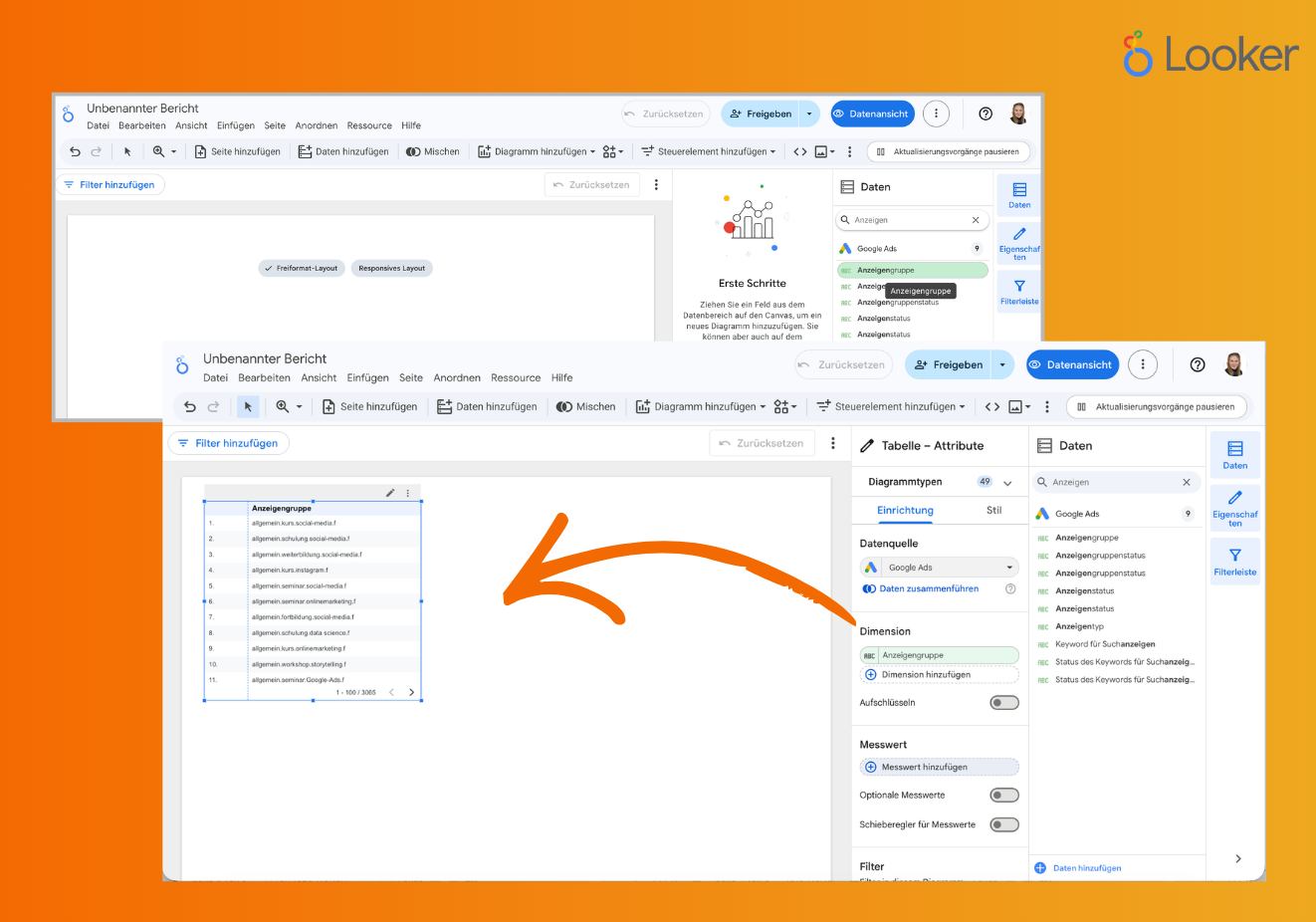 In einem Google-Looker-Studio-Bericht kannst du per Drag-and-drop Dimensionen und Messwerte hinzufügen.