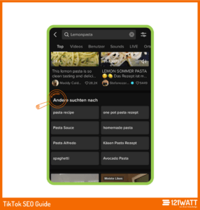 Auf der TikTok SERP bigt es den Reiter "Andere suchten auch" über den du weitere Keyword-Ideen sammeln kannst. 