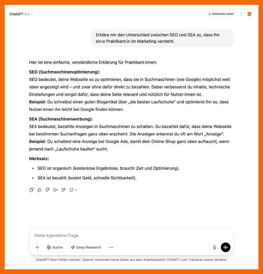 Welches GPT-Modell ist das richtige für mich? So antwortet GPT-4.5 auf die Frage "Erkläre mir den Unterschied zwischen SEO und SEA so, dass ihn ein:e Praktikant:in im Marketing versteht.