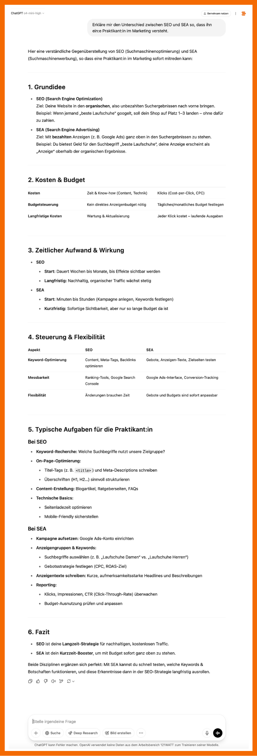 Welches GPT-Modell ist das richtige für mich? So antwortet o4-mini-high auf die Frage "Erkläre mir den Unterschied zwischen SEO und SEA so, dass ihn ein:e Praktikant:in im Marketing versteht.