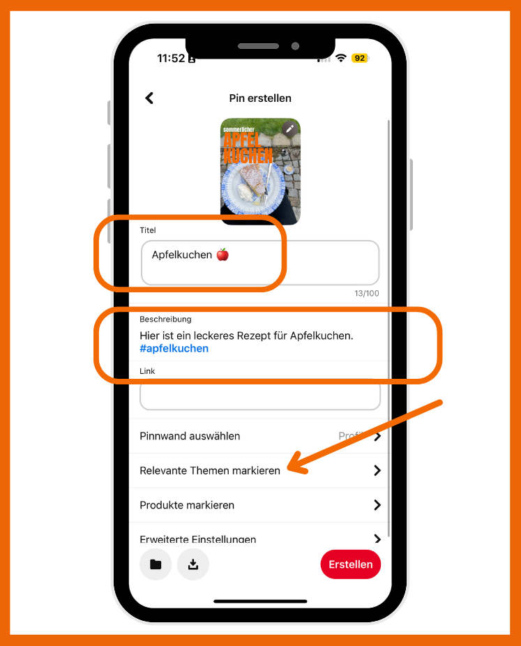 Platziere deine Keywords bei Pinterest im Titel deines Pins, in der Beschreibung, in den verwandten Themen und auf dem Creatve ansich.