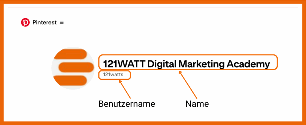 Der Pinterest Benutzername muss einzigartig sein und sollte deinen Unternehmensnamen enthalten. Beim Namen bist du freier und kannst etwas kreativeres wählen. Platziere hier am besten direkt dein Haupt-Keyword