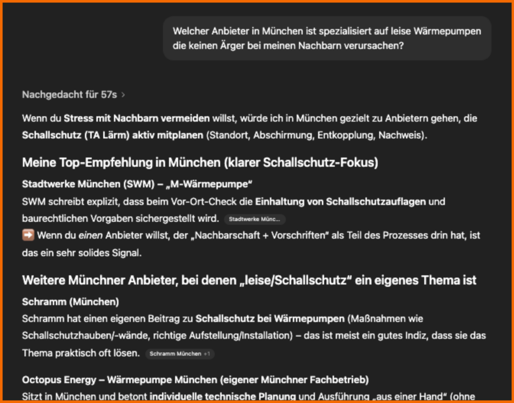 Suchanfrage innerhalb von ChatGPT zu Anbietern von Wärmepumpen