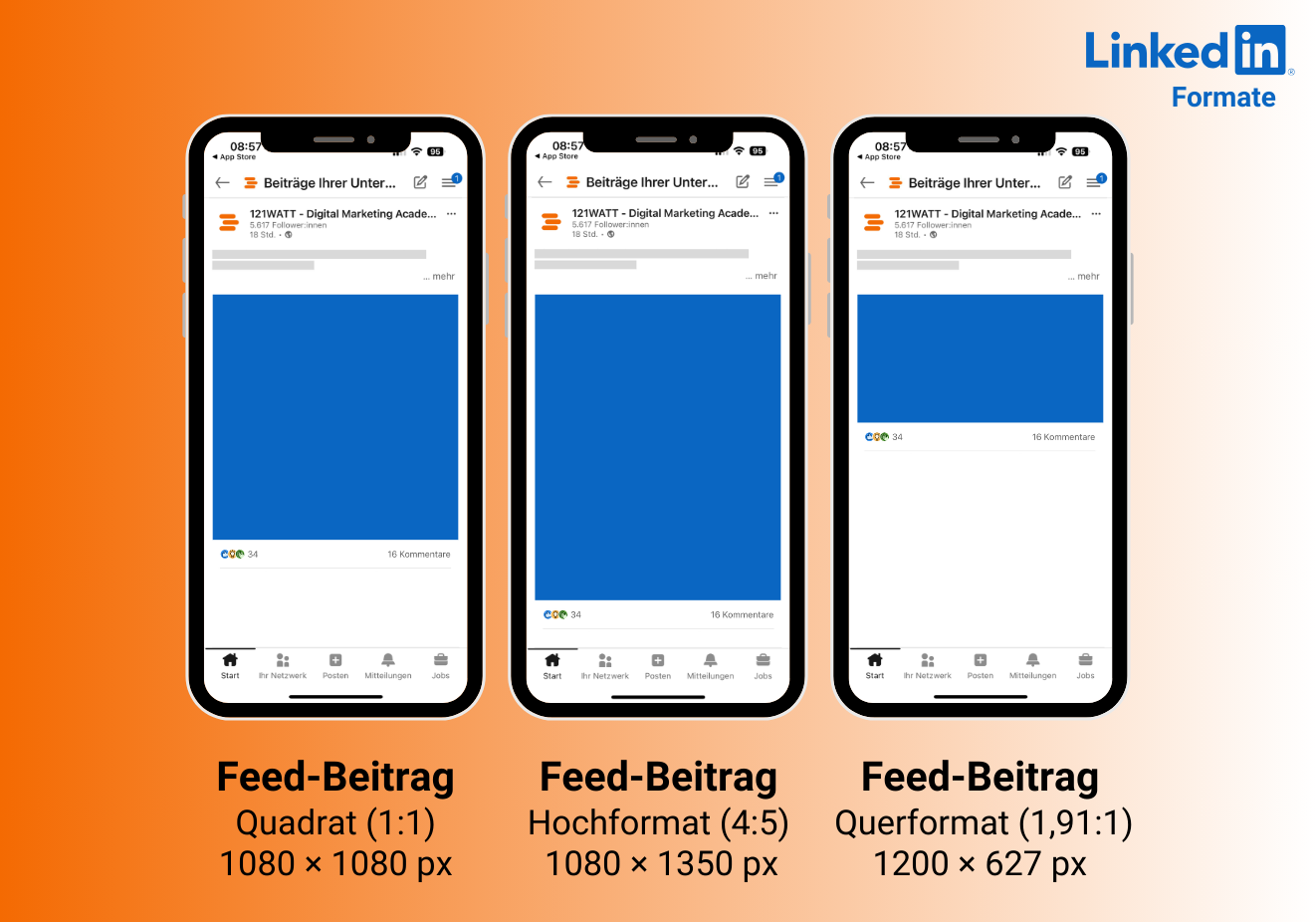 Die optimale Bildgröße für LinkedIn Feed-Posts. Quadrat: 1080×1080 (1:1) Hochformat: 1080×1350 (4:5) Querformat/Linkvorschau: 1200×627 (1,91:1)