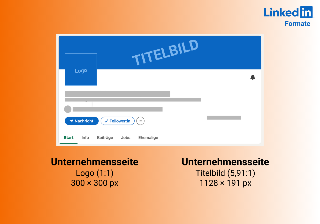 Die optimalen Größen für Logo und Titelbild einer LinkedIn Unternehmensseite: Logo: 300×300 (1:1) Titelbild: 1128:191 (5,91:1)