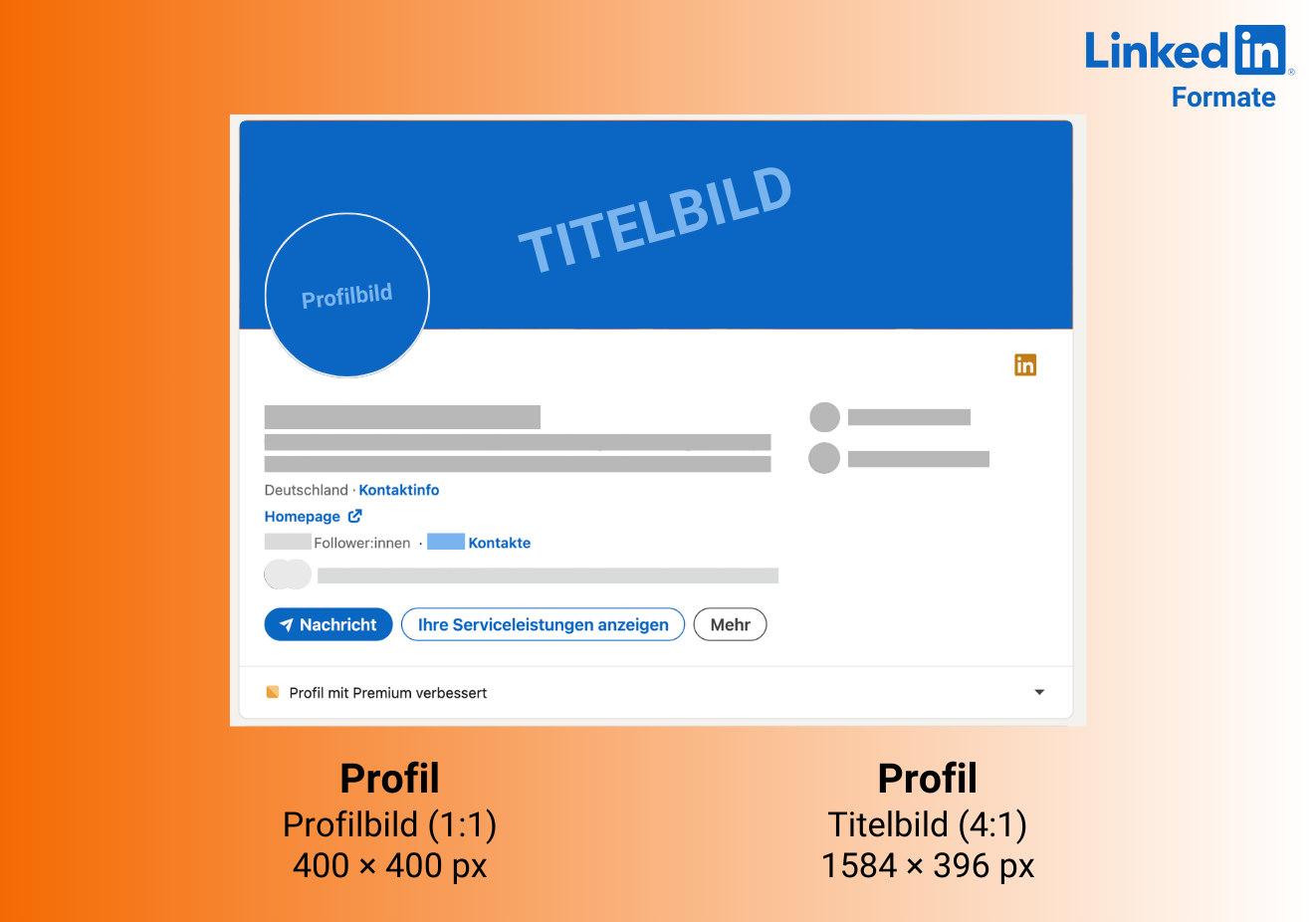 Die optimalen Größen für Profilbild und Titelbild eines persönlichen LinkedIn-Profils: Profilbild: 400×400 (1:1) Titelbild: 1584×396 (4:1)