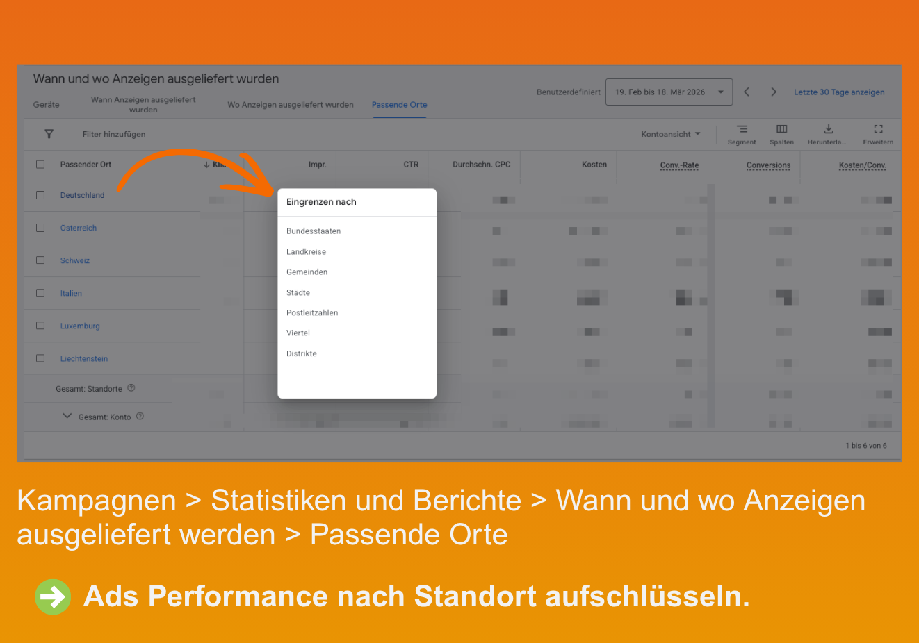 Ungewöhnlich hohe Klickzahlen aus einer Region analysieren: Kampagnen > Statistiken und Berichte > Wann und wo Anzeigen ausgeliefert werden > Passende Orte