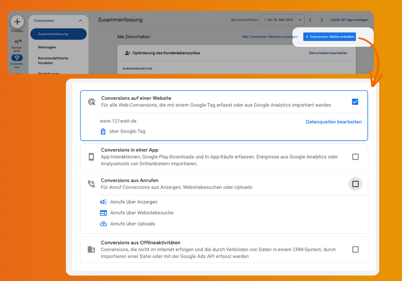 Google Ads: neue Conversion-Aktion anlegen. Zielvorhaben > Conversions > Zuaammenfassung > + Conversion-Aktion erstellen