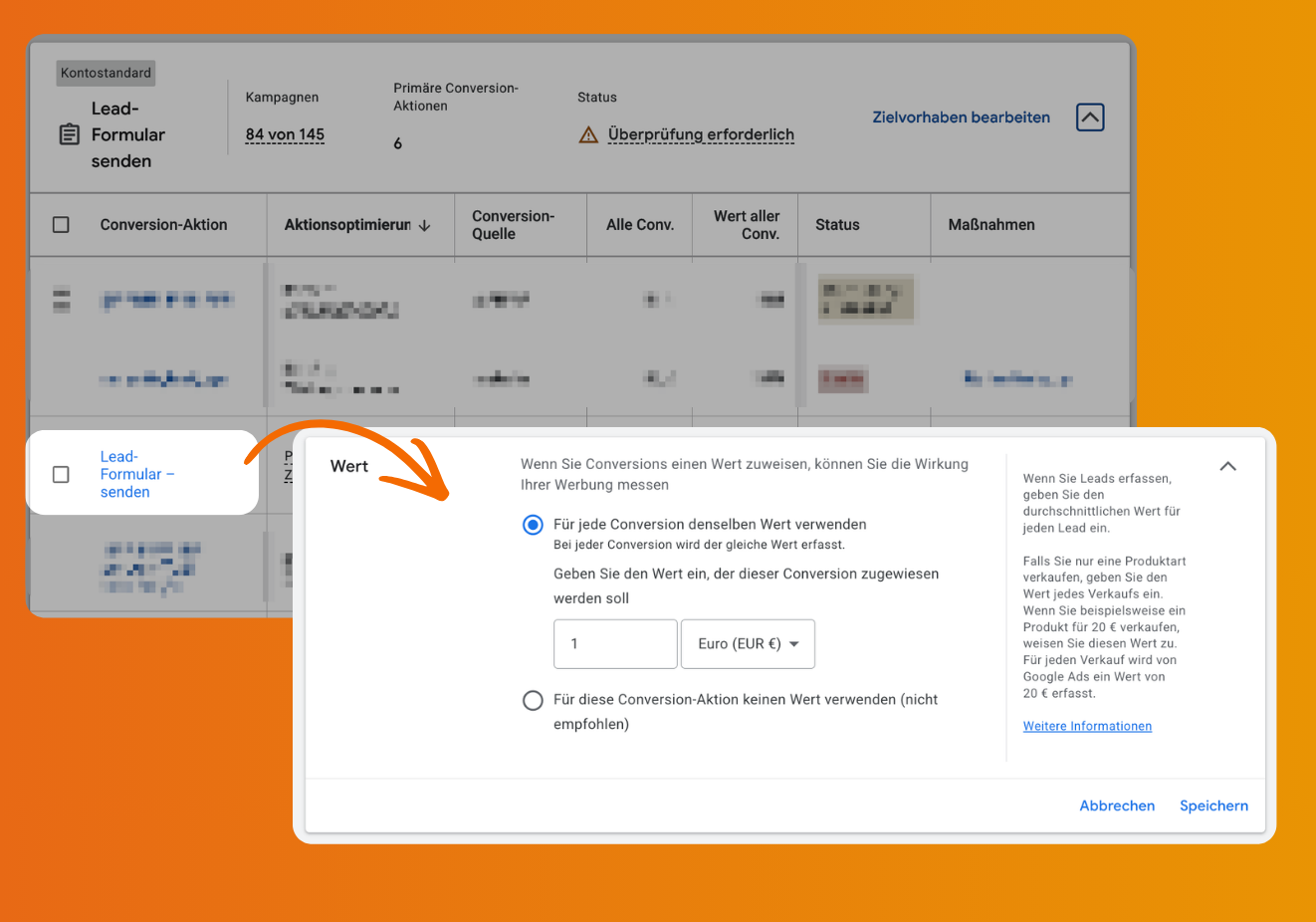 Statische Conversion in Google Ads anlegen: Zielvorhaben > Conversions > Zusammenfassung > Conversion auswählen > Conversion bearbeiten > Wert