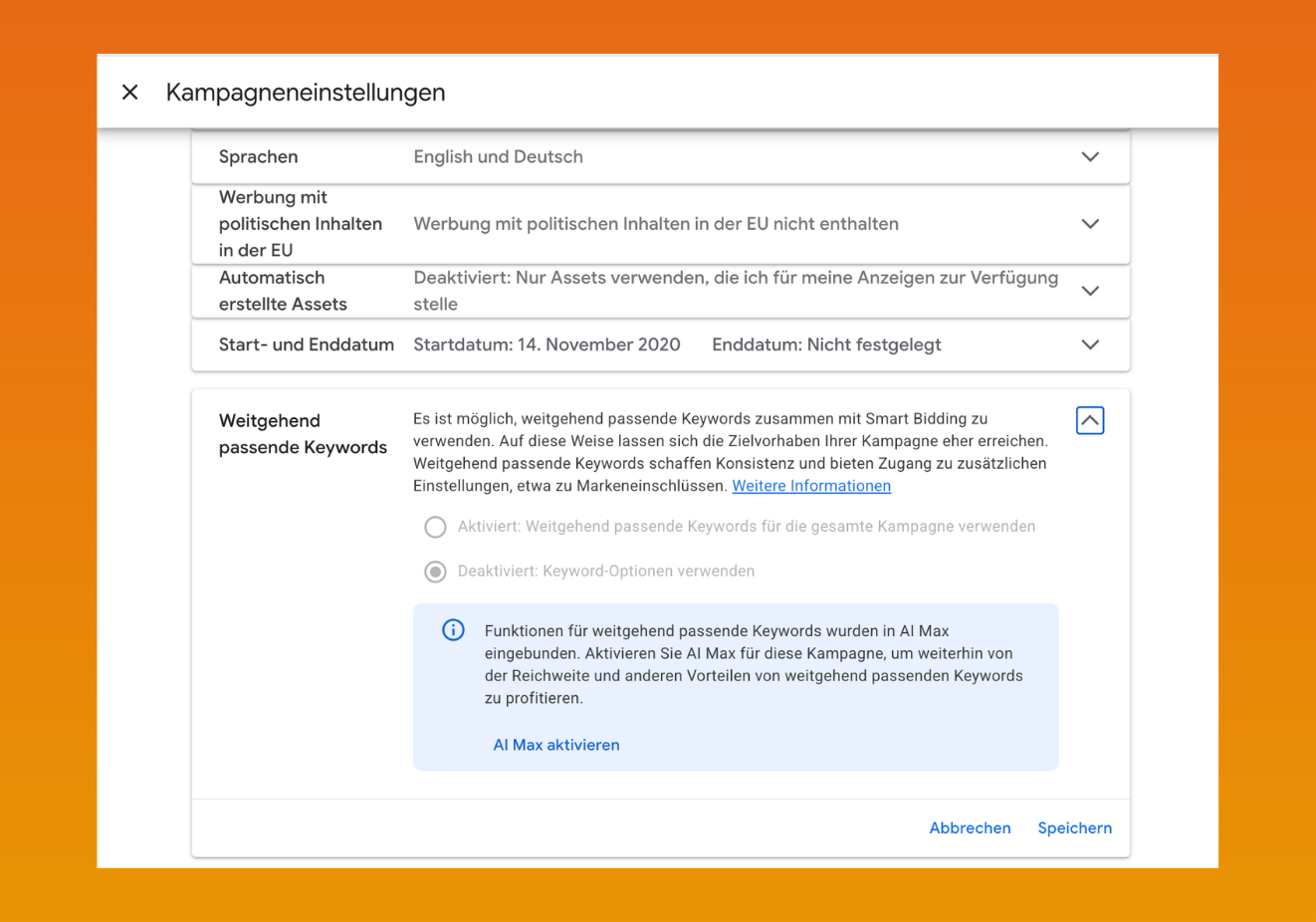 "Weitgehend passende Keywords" auf Kampagnenebene in Google Ads aktivieren