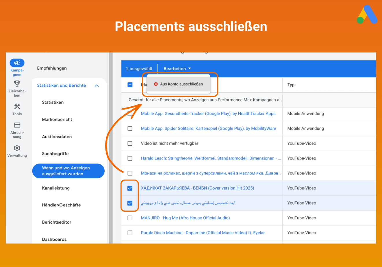 Placemnets in Google Ads ausschließen