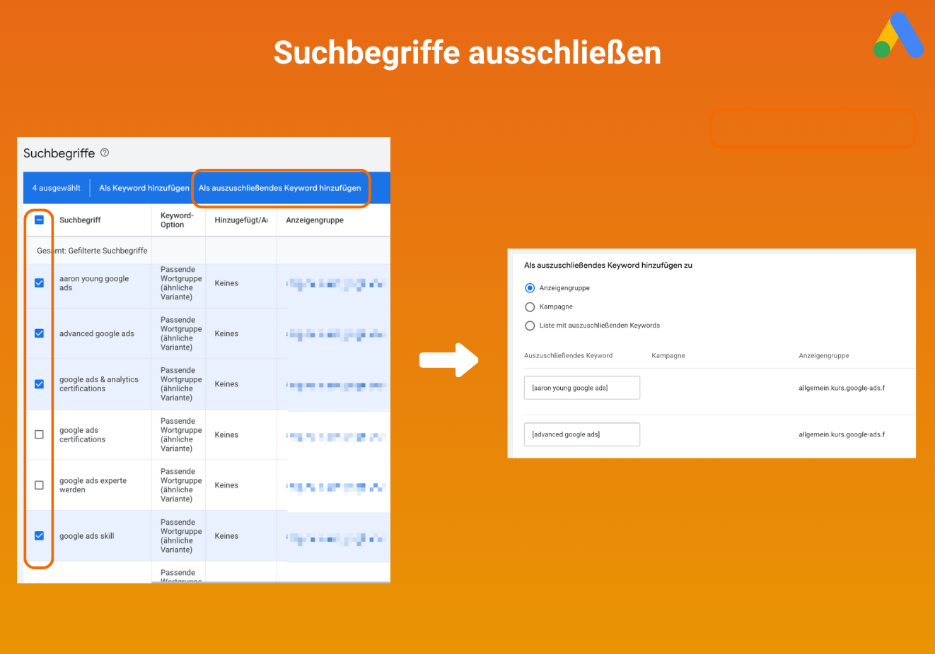 Suchbegriffe in Google Ads ausschließen: per Häkchen markieren und anschließend auf "Als auszuschließendes Keyword hinzufügen"