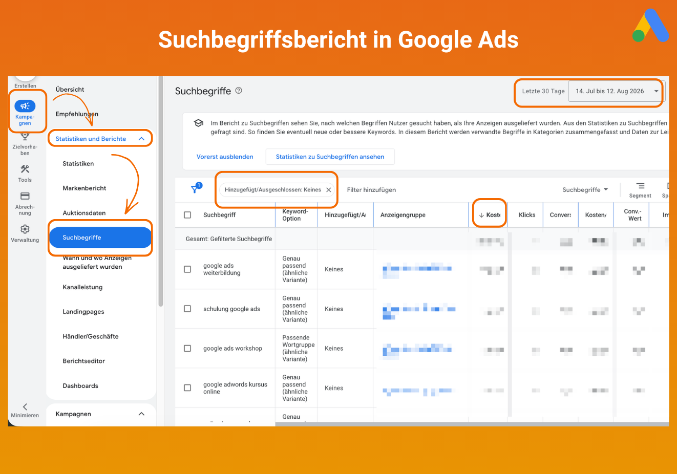 Suchbegriffsbericht in Google Ads: Kampagnen > Statistiken und Berichte > Suchbegriffe